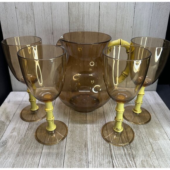Vtg Tiki Bar Wine Glasses and Pitcher Acrylic Tree Bamboo Stem Cocktail Set 5 - Picture 1 of 13
